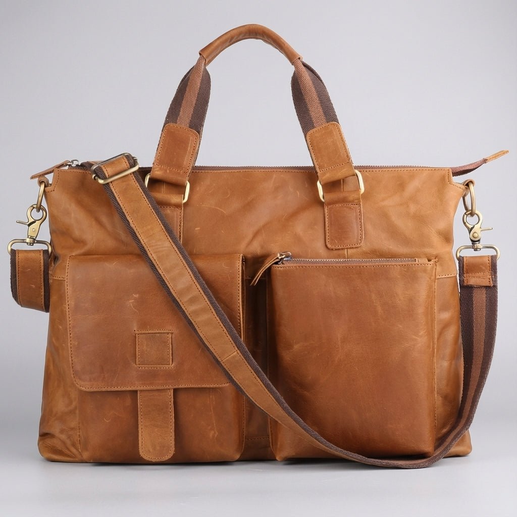 Leather laptop bag featuring an adjustable strap and a vintage design, spacious professional briefcase for men, ideal for work and travel. 0